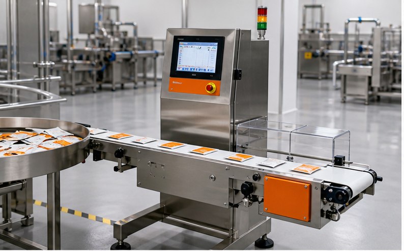 Compact checkweigher machine for small pouches in a modern factory
