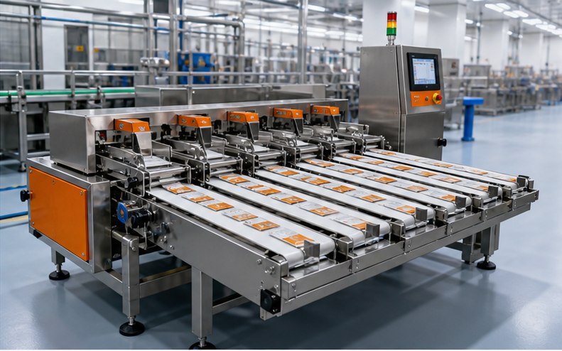 Multi-track sachet checkweigher with parallel conveyor lanes